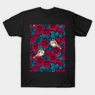 Red rose flowers and goldfinch birds T-Shirt